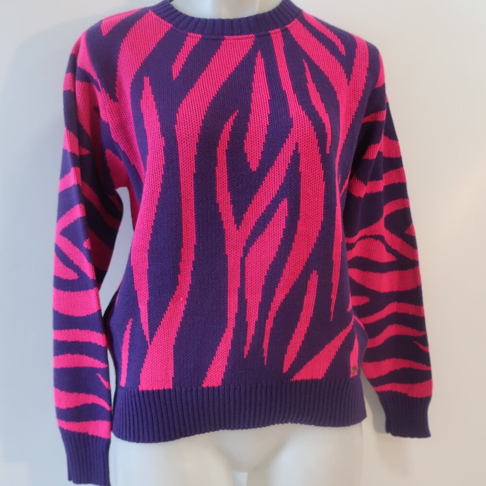 NWT Womens The Tellier Crew (Item- 298) Purple Pink Zebra Print Sweater M